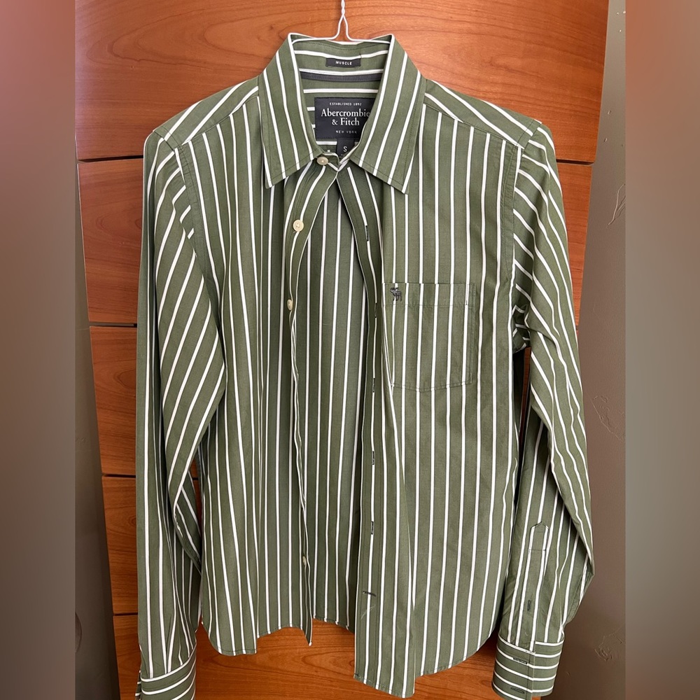 Abercrombie & Fitch Olive Green and White Striped Dress Shirt